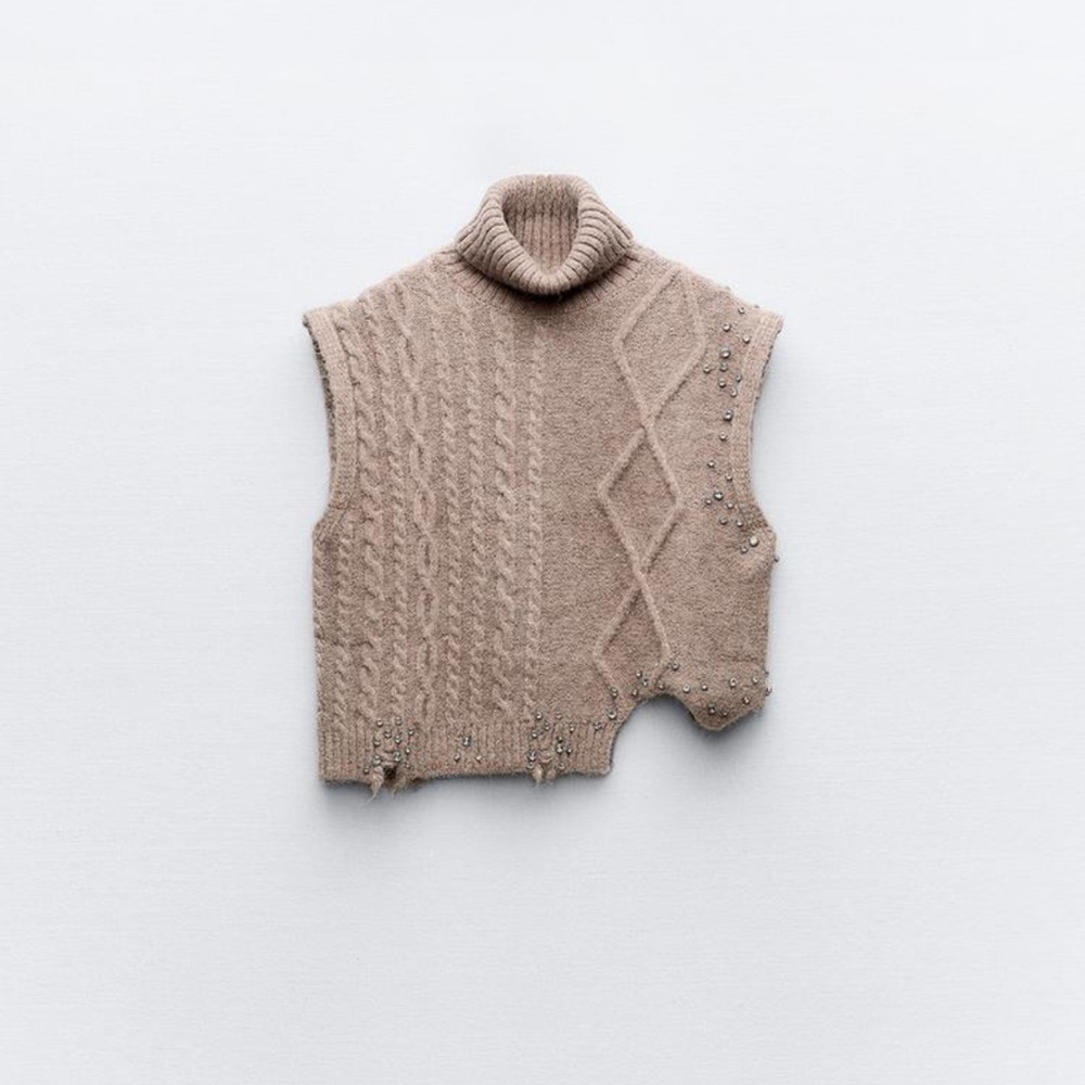 Zara Taupe Brown Jewel Knit Crop Top Turtleneck